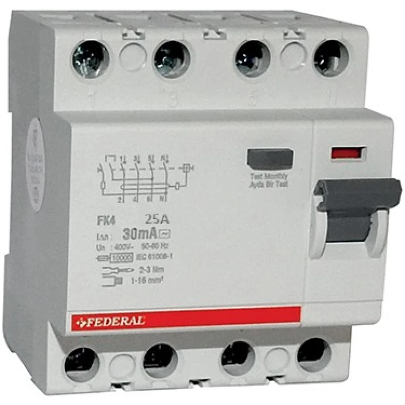 Federal kaçak akım rölesi, 4x25A kaçak akım, 30mA kaçak akım, 6kA kesme kapasitesi, FK4 röle, elektrik güvenliği, kaçak akım kor