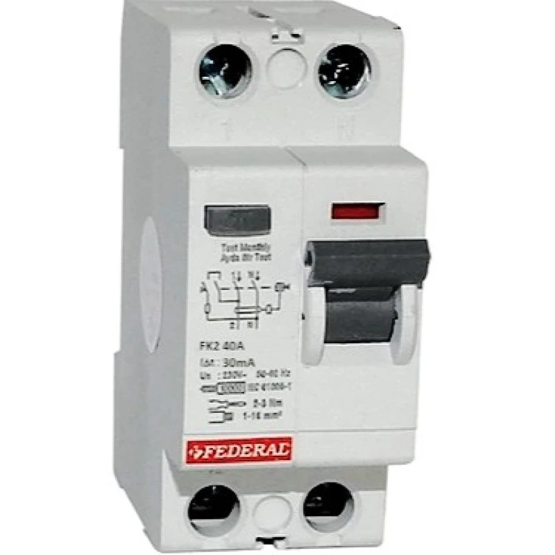 Federal kaçak akım rölesi, 2x40A kaçak akım, 30mA kaçak akım, 6kA kesme kapasitesi, FK2E röle, elektrik güvenliği, kaçak akım ko