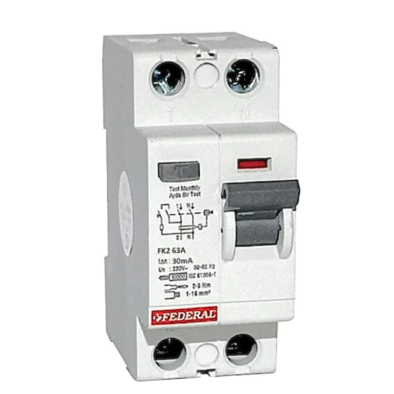 Federal, FK2, kaçak akım rölesi, 2x63A, 2 kutup, 30mA, 6kA, kaçak akım koruması, can güvenliği, yangın koruması, sigorta, pano, 