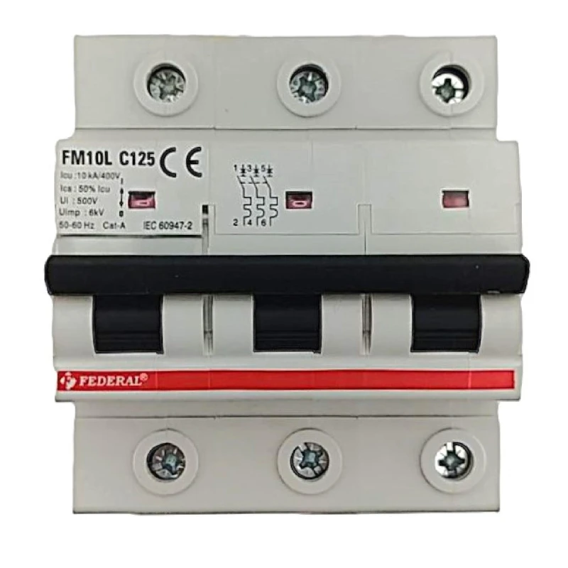 Federal, FM10L, otomatik sigorta, 3x125A, 3 kutup, 10kA, C tipi, C eğrisi, kısa devre koruması, aşırı yük koruması, 3 faz, endüs
