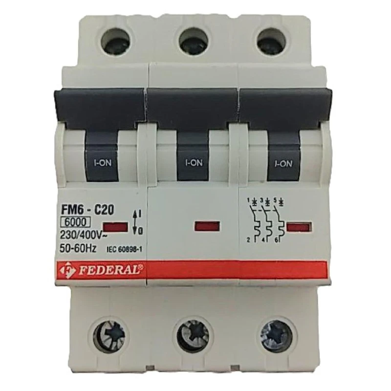Federal, FM6E3K, otomatik sigorta, 3x20A, 3 kutup, 6kA, C tipi, C eğrisi, kısa devre koruması, aşırı yük koruması, 3 faz, endüst