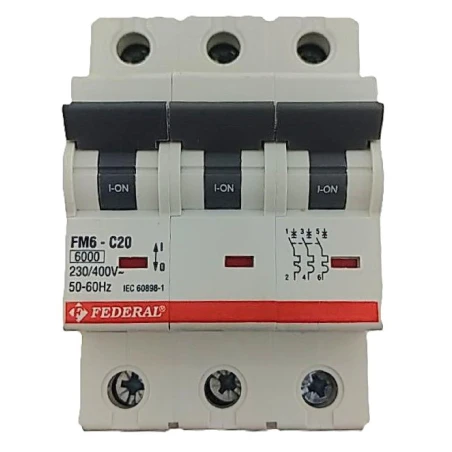 Federal, FM6E3K, otomatik sigorta, 3x20A, 3 kutup, 6kA, C tipi, C eğrisi, kısa devre koruması, aşırı yük koruması, 3 faz, endüst