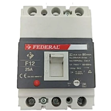 Federal F12S, kompakt şalter, 3x32A kompakt şalter, 25kA şalter, sabit ayarlı şalter, termik manyetik şalter, MCCB, ana pano şal