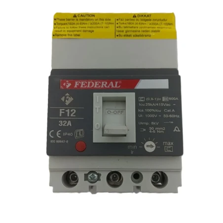 Federal F12, kompakt şalter, 3x32A kompakt şalter, 25kA şalter, ayar sahalı kompakt şalter, termik manyetik şalter, MCCB, ana pa
