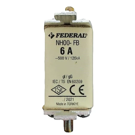 Federal NH00, 6A bıçaklı sigorta, 120kA sigorta buşonu, NH sigorta, bıçaklı sigorta, NH00 sigorta, tek indikatörlü sigorta, yüks