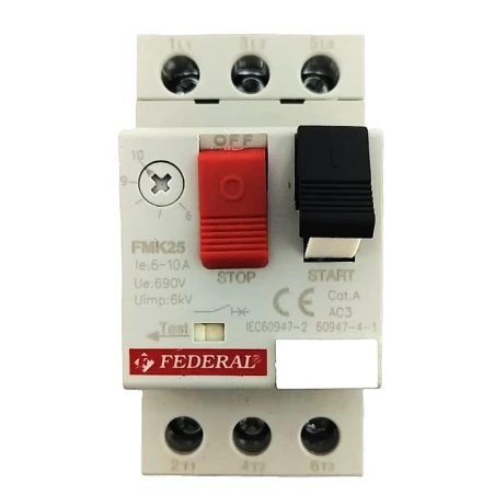 Federal, FMK25, motor koruma şalteri, 3 faz, 3 kutup, 6-10A, termik ayar, kısa devre koruması, aşırı yük koruması, motor şalteri