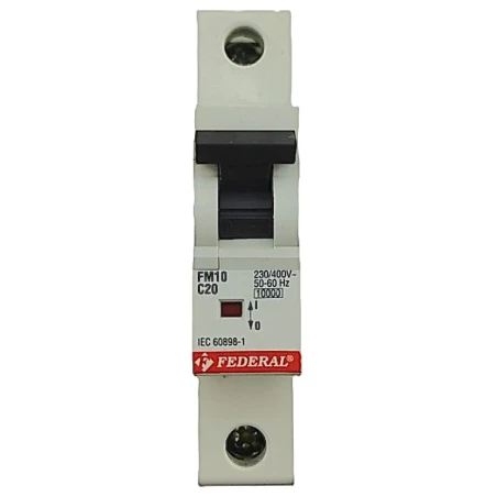 Federal, FM10, otomatik sigorta, 1x20A, 1 kutup, 10kA, C tipi, C eğrisi, kısa devre koruması, aşırı yük koruması, ticari, endüst