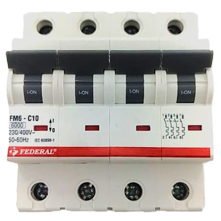 Federal, FM6, FM6E, otomatik sigorta, 4x10A, 4 kutup, 6kA, C tipi, C eğrisi, kısa devre koruması, aşırı yük koruması, 3 faz, end