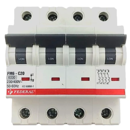 Federal, FM6, FM6E, otomatik sigorta, 4x20A, 4 kutup, 6kA, C tipi, C eğrisi, kısa devre koruması, aşırı yük koruması, 3 faz, end