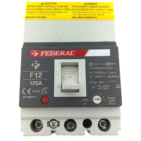 Federal, F12, kompakt şalter, 3x125A, 3 kutup, 25kA, ayar sahalı, ayarlanabilir şalter, aşırı yük koruması, kısa devre koruması,
