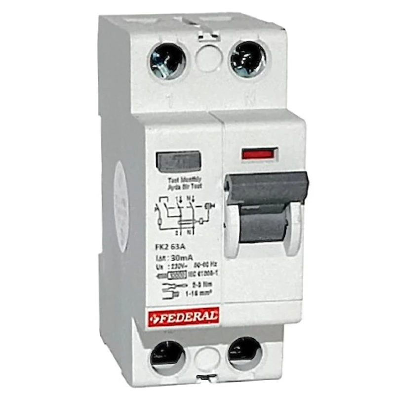 Federal, FK2, kaçak akım rölesi, 2x63A, 2 kutup, 30mA, 10kA, kaçak akım koruması, can güvenliği, yangın koruması, sigorta, pano,