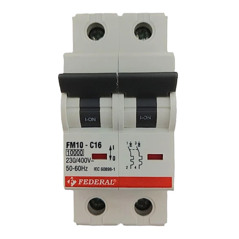 Federal, FM10, otomatik sigorta, 2x16A, 2 kutup, 10kA, C tipi, C eğrisi, kısa devre koruması, aşırı yük koruması, tek faz, ticar