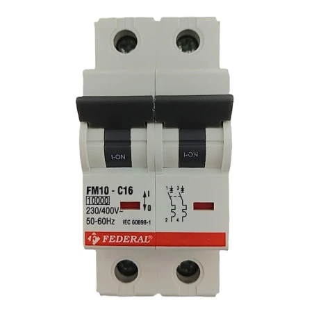 Federal, FM10, otomatik sigorta, 2x16A, 2 kutup, 10kA, C tipi, C eğrisi, kısa devre koruması, aşırı yük koruması, tek faz, ticar