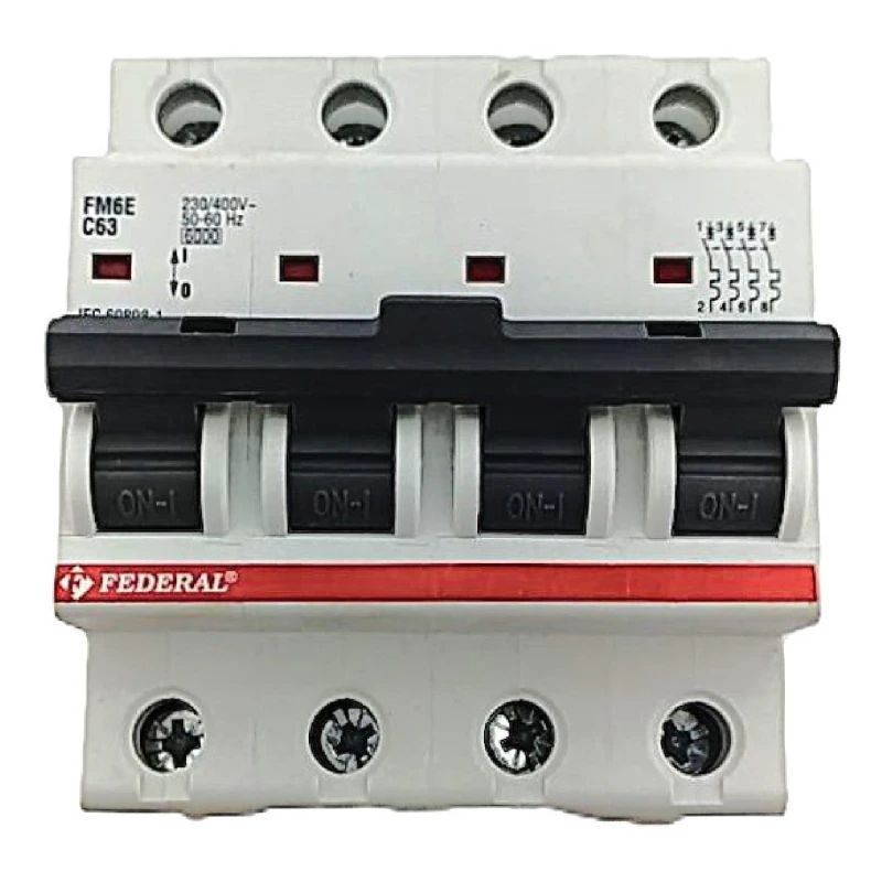 Federal, FM6, FM6E, otomatik sigorta, 4x63A, 4 kutup, 6kA, C tipi, C eğrisi, kısa devre koruması, aşırı yük koruması, 3 faz, end