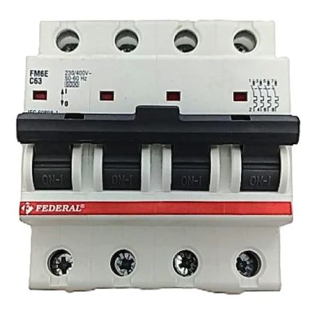 Federal, FM6, FM6E, otomatik sigorta, 4x63A, 4 kutup, 6kA, C tipi, C eğrisi, kısa devre koruması, aşırı yük koruması, 3 faz, end