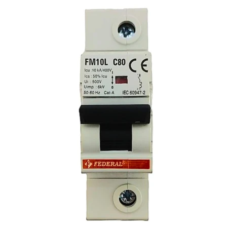 Federal, FM10L, otomatik sigorta, 1x80A, 1 kutup, 10kA, C tipi, C eğrisi, kısa devre koruması, aşırı yük koruması, tek faz, endü