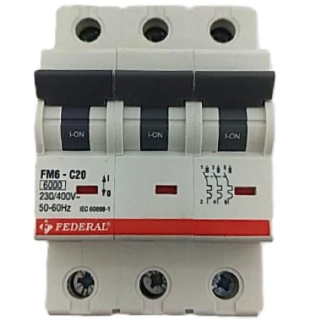 Federal FM6, Federal FM6E, 3x20A sigorta, 3 fazlı sigorta, 6kA sigorta, C tipi sigorta, minyatür devre kesici, otomatik sigorta,