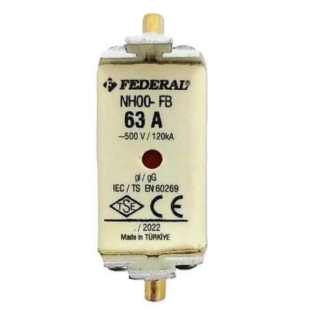 Federal bıçaklı sigorta, NH00 63A, 120kA sigorta, çift indikatörlü sigorta, bıçaklı sigorta buşonu, elektrik panosu sigortası, e