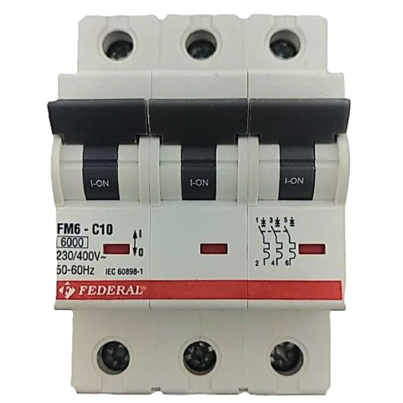 Federal, FM6, FM6E, otomatik sigorta, 3x10A, 3 kutup, 6kA, C tipi, C eğrisi, kısa devre koruması, aşırı yük koruması, 3 faz, end