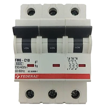 Federal, FM6, FM6E, otomatik sigorta, 3x10A, 3 kutup, 6kA, C tipi, C eğrisi, kısa devre koruması, aşırı yük koruması, 3 faz, end