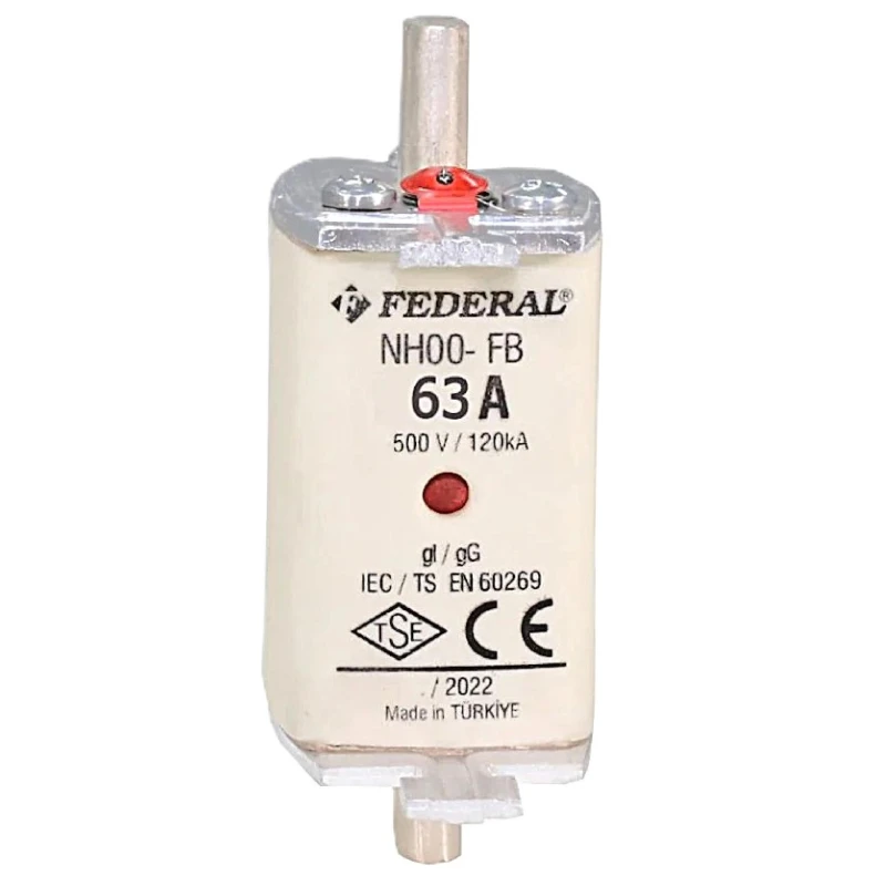 Federal NH00, 63A bıçaklı sigorta, 120kA sigorta buşonu, NH sigorta, bıçaklı sigorta, NH00 sigorta, tek indikatörlü sigorta, yük