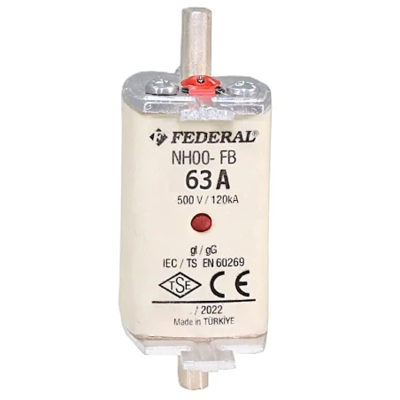 Federal NH00, 63A bıçaklı sigorta, 120kA sigorta buşonu, NH sigorta, bıçaklı sigorta, NH00 sigorta, tek indikatörlü sigorta, yük