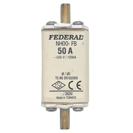Federal sigorta, NH00 sigorta, 50A sigorta buşonu, 120kA sigorta, bıçaklı sigorta, tek indikatör sigorta, Federal NH sigorta, yü