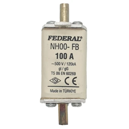Federal sigorta, NH00 sigorta, 100A sigorta buşonu, 120kA sigorta, bıçaklı sigorta, tek indikatör sigorta, Federal NH sigorta, y