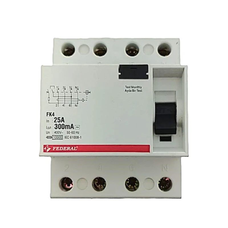 Federal, FK4, kaçak akım rölesi, 4x25A, 4 kutup, 300mA, 10kA, kaçak akım koruması, yangın koruması, 3 faz, endüstriyel, sigorta,