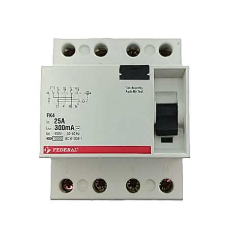 Federal, FK4, kaçak akım rölesi, 4x25A, 4 kutup, 300mA, 10kA, kaçak akım koruması, yangın koruması, 3 faz, endüstriyel, sigorta,