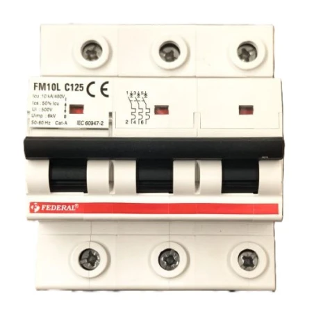 Federal, FM6L, otomatik sigorta, 3x125A, 3 kutup, 6kA, C tipi, C eğrisi, kısa devre koruması, aşırı yük koruması, endüstriyel, t