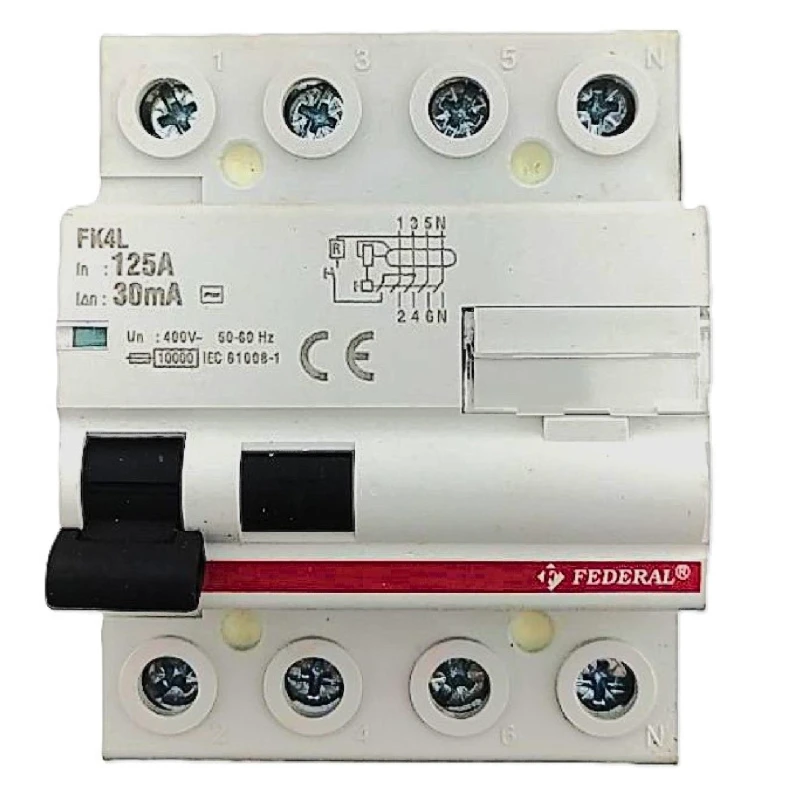 Federal FK4LK, kaçak akım rölesi, 4x125A kaçak akım, 30mA kaçak akım, 10kA kaçak akım rölesi, topraklama kaçağı koruma, kaçak ak