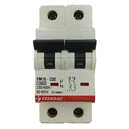 Federal, FM10, otomatik sigorta, 2x32A, 2 kutup, 10kA, C tipi, C eğrisi, kısa devre koruması, aşırı yük koruması, tek faz, ticar