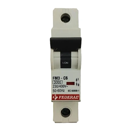 Federal, FM3, otomatik sigorta, 1x6A, 1 kutup, 3kA, C tipi, C eğrisi, kısa devre koruması, aşırı yük koruması, konut, ticari, pa